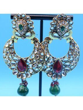Elegant Kundan Chandbali Earrings With Red & Green Gemstones Gold-Tone Finish In